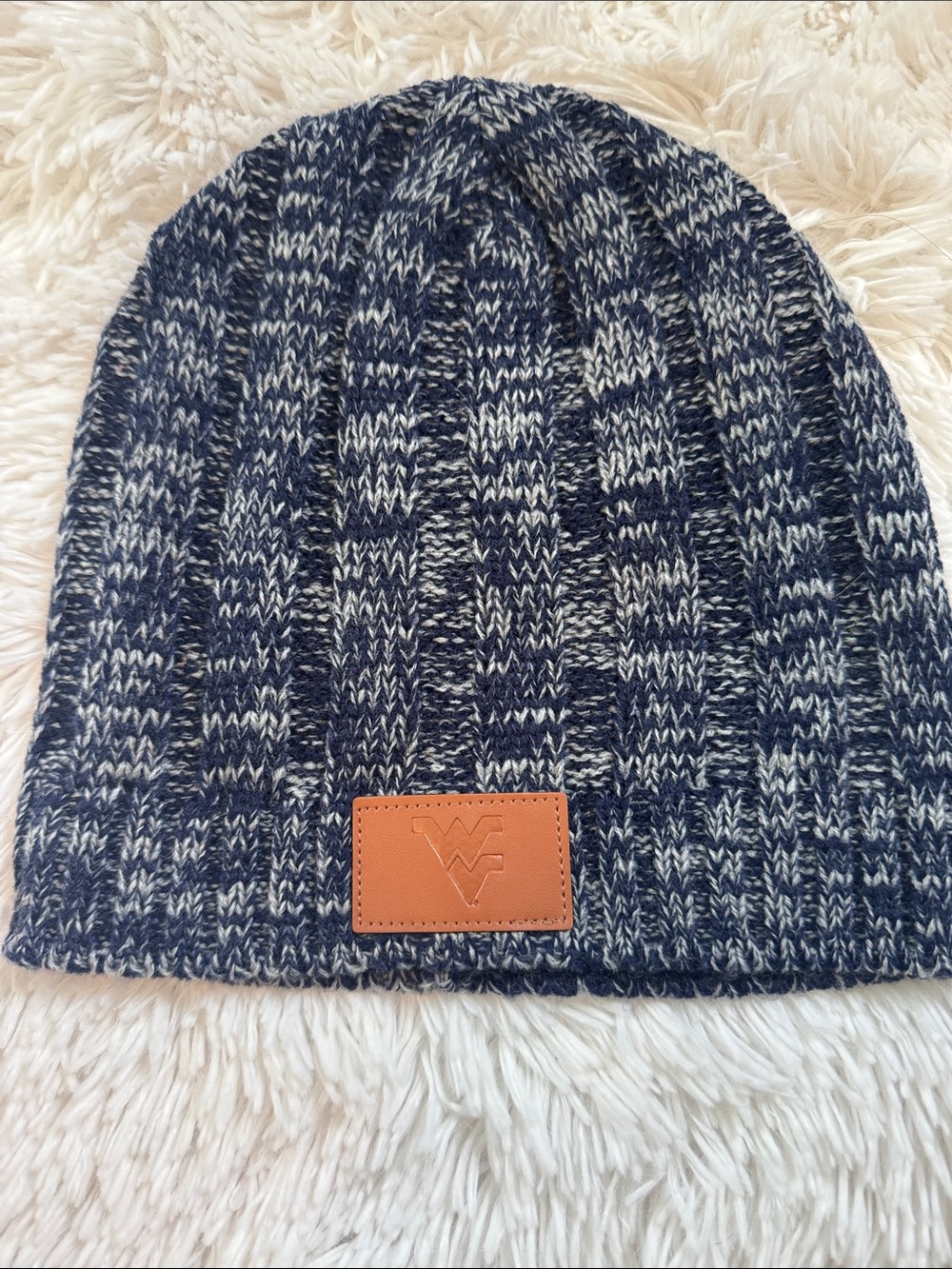 West Virginia University Heathered Navy Beanie w/Faux Leather Flying WV Patch